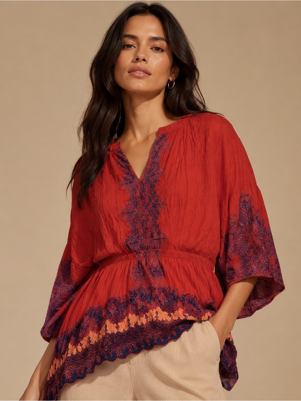 Angie Red Embroidered Boho Tunic Top